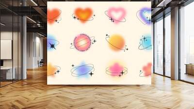 Y2k style blurred gradient shapes with linear forms and sparkles, blurry flower or heart aura aesthetic elements. Modern minimalist design element with blur gradients for logo vector template set Wall mural